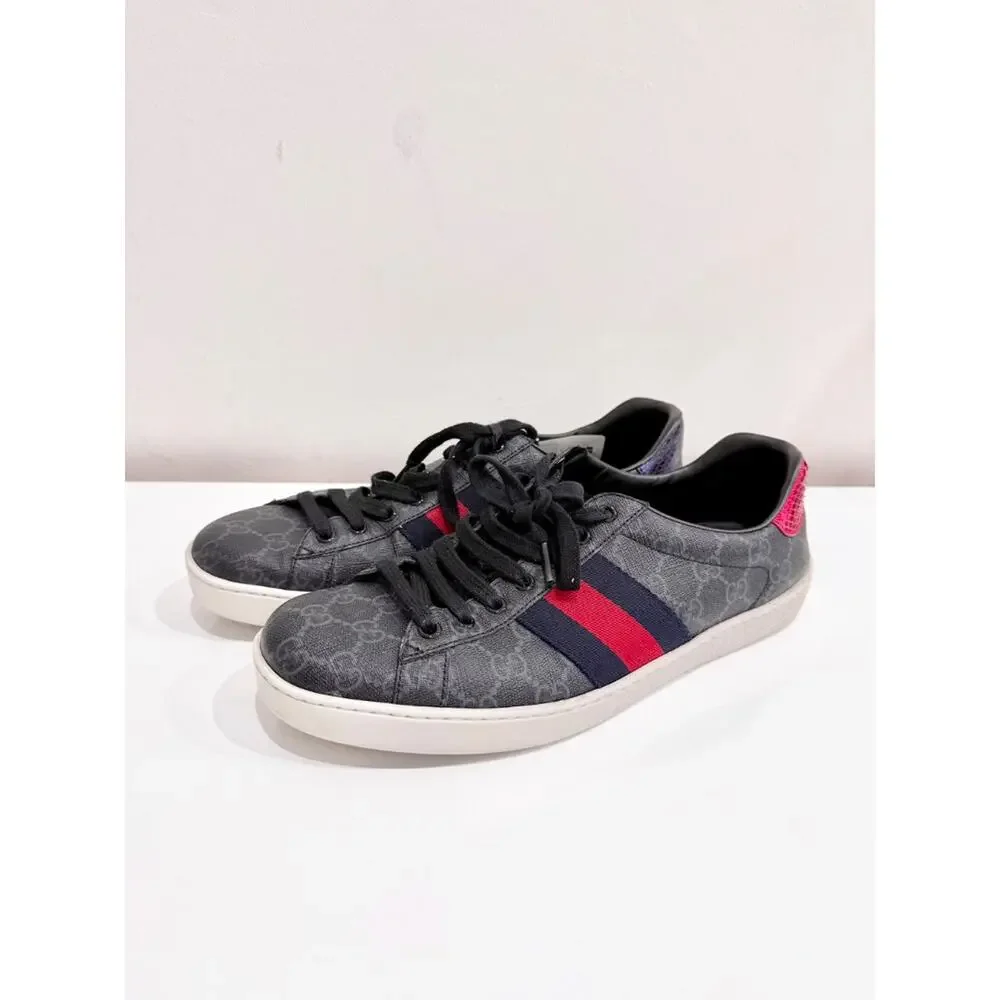 Gucci Ace GG Supreme Monogram Low Top Sneakers Black Gray Mens Size US 9.5 - Picture 3 of 9